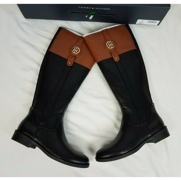 Tommy Hilfiger Sz. 5.5M Imina Leather Knee High Riding Boots Black/Brown NEW - Picture 4 of 10